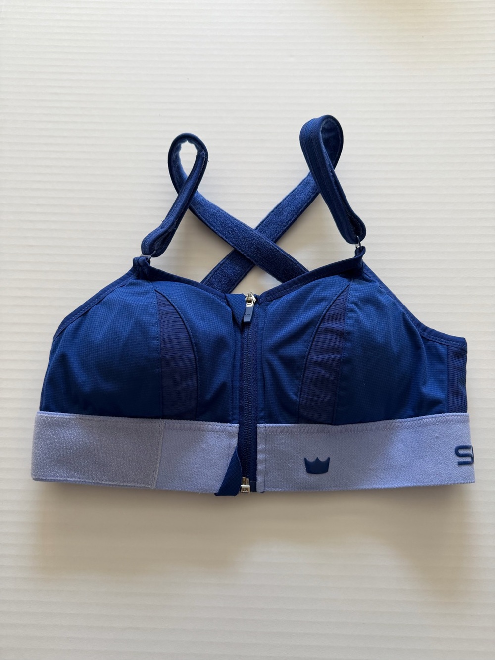 Shefit Ultimate High Impact Sports Bra Blue Zip Front Crisscross SMALL